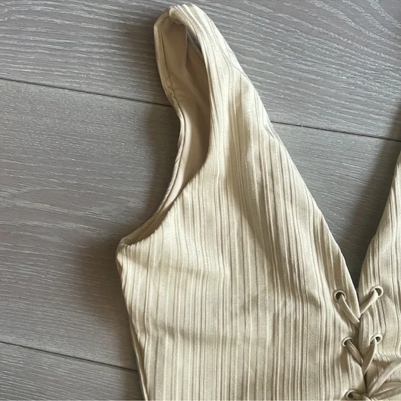Cream Ribbed Lace-Up One -Piece Swimsuit - Picture 5 of 6